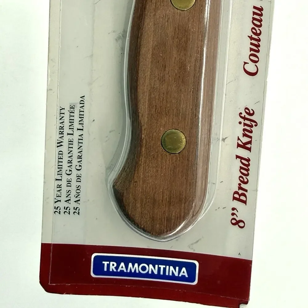 Vintage TRAMONTINA INOX SS Kitchen Utility Knife Wooden Handle 8” Blade BRAZIL
